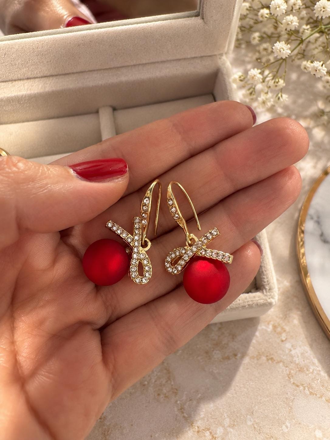 Red Crystal Bow Earrings, Gold Tone Drop Earrings, Statement Red Bead Earrings, Elegant Dangle Jewelry, Holiday Gift for Her - Image 4
