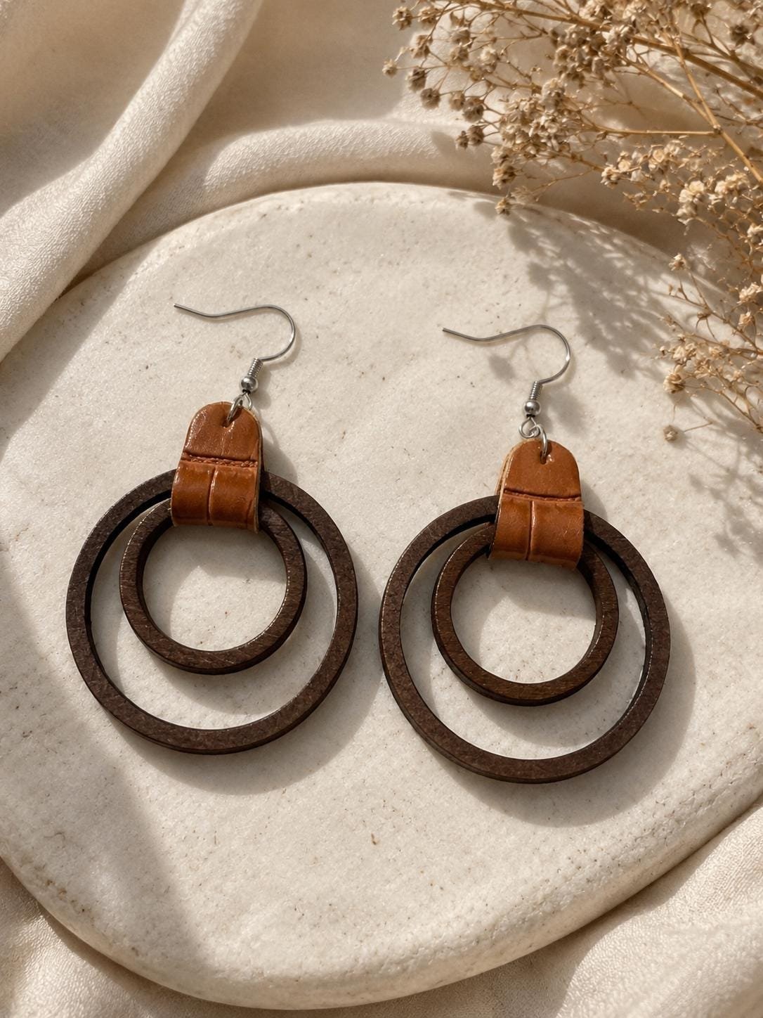 Wooden Double Circle Earrings, Faux Leather Accent Dangle Earrings, Boho Hoop Drop Jewelry, Rustic Brown Statement Earrings, Gift for Her - Image 4