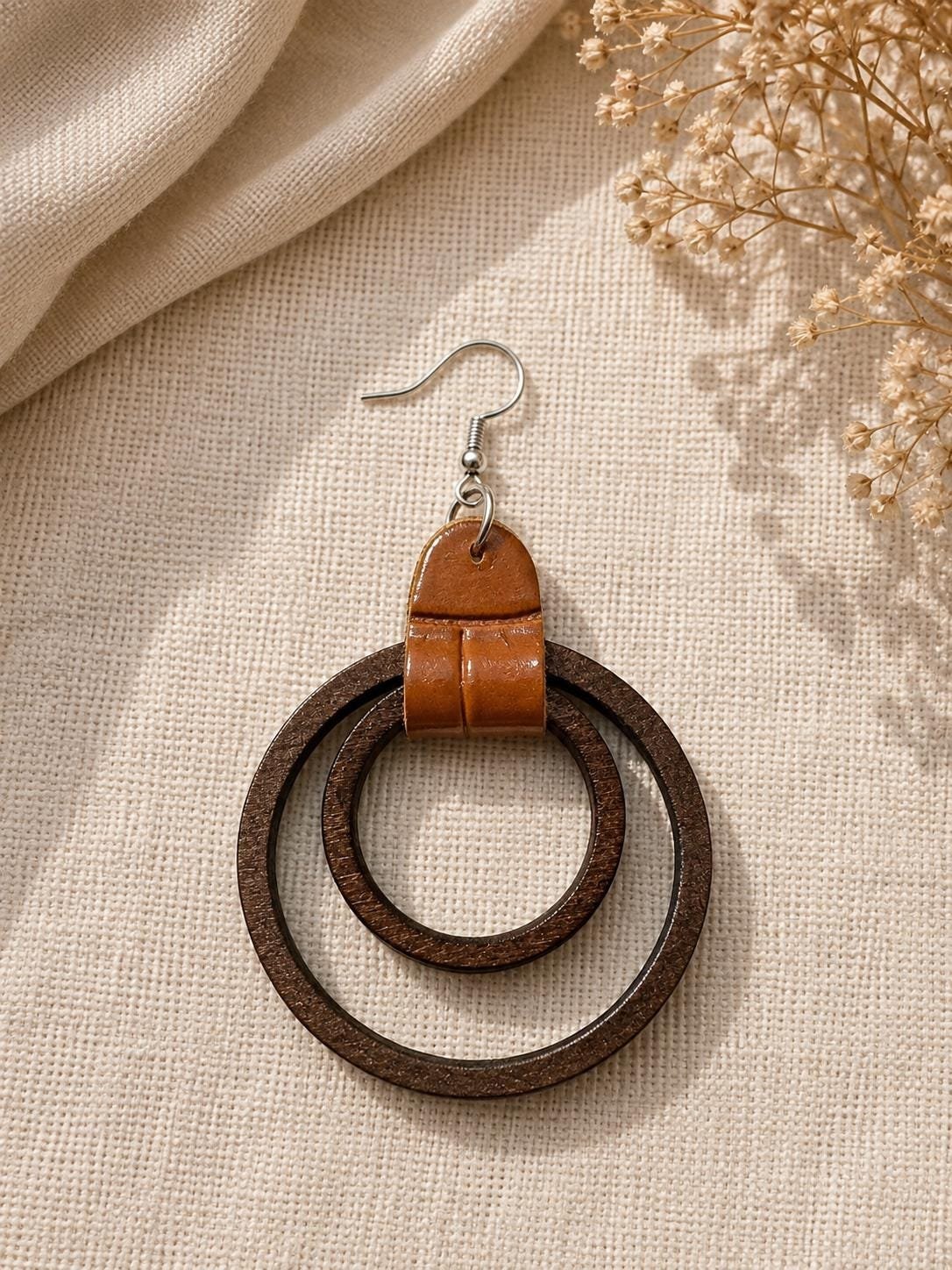 Wooden Double Circle Earrings, Faux Leather Accent Dangle Earrings, Boho Hoop Drop Jewelry, Rustic Brown Statement Earrings, Gift for Her - Image 3