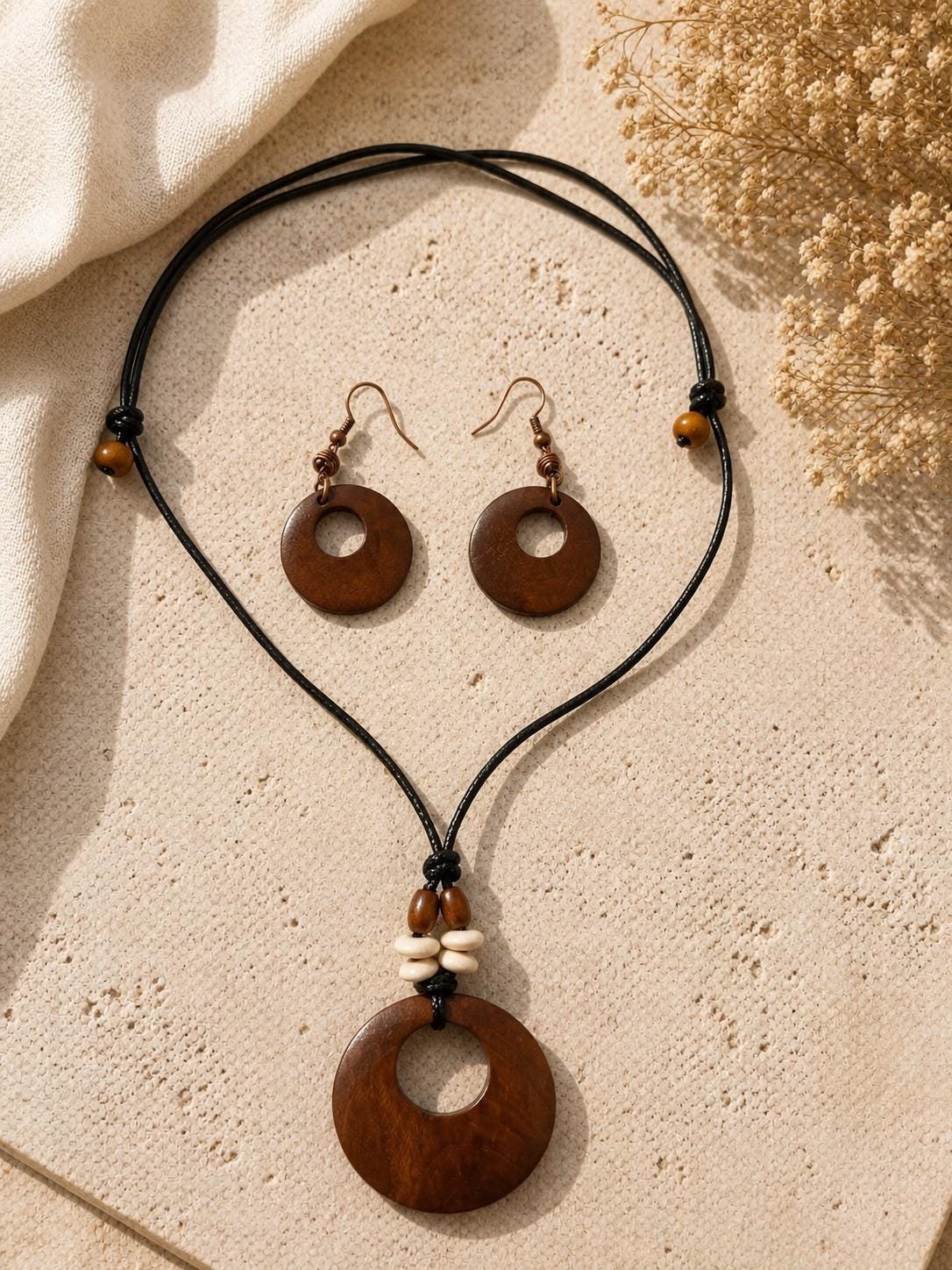 Brown Wooden Statement Necklace and Earrings Set, Boho Rustic Jewelry - Image 3