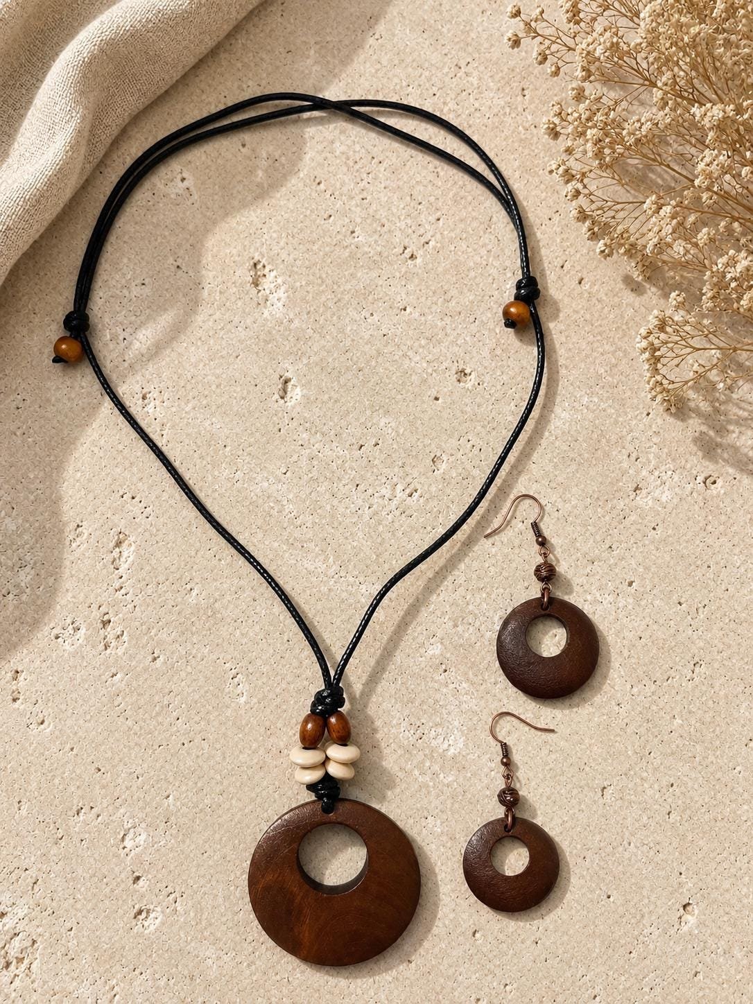 Brown Wooden Statement Necklace and Earrings Set, Boho Rustic Jewelry - Image 4
