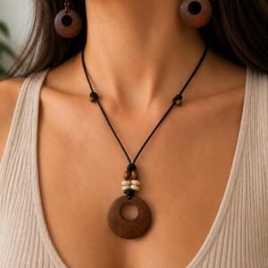 Brown Wooden Statement Necklace and Earrings Set, Boho Rustic Jewelry