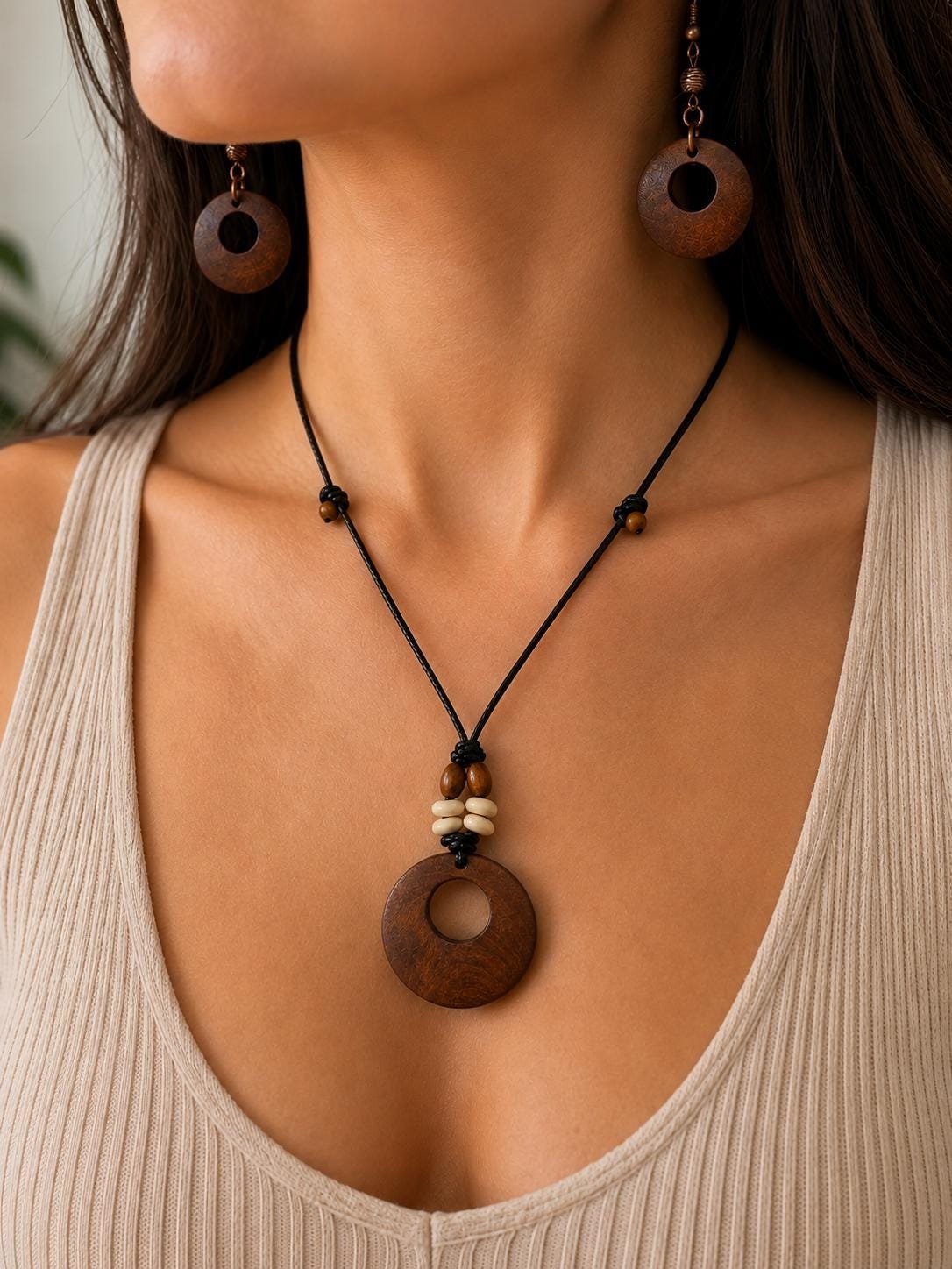 Brown Wooden Statement Necklace and Earrings Set, Boho Rustic Jewelry