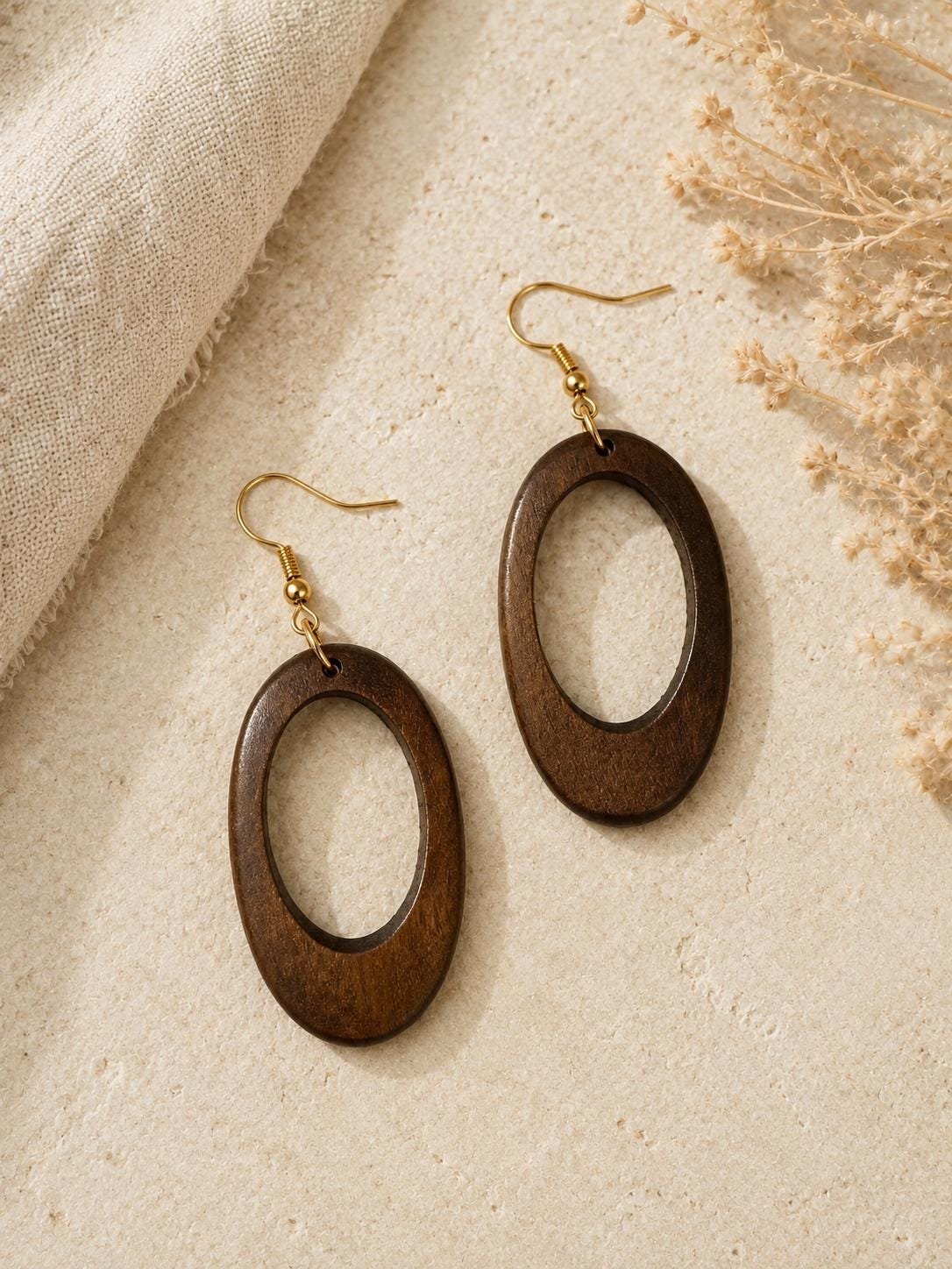 Natural Wood Oval Earrings, Boho Wooden Earrings, Geometric Statement Jewelry - Image 3