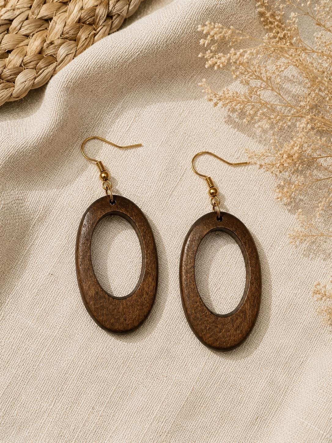 Natural Wood Oval Earrings, Boho Wooden Earrings, Geometric Statement Jewelry - Image 2