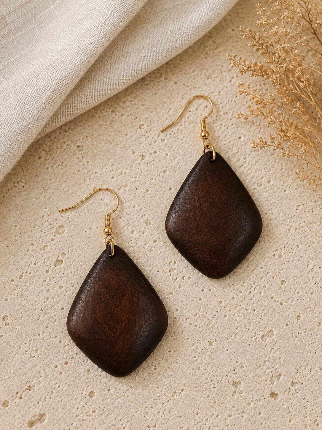 Wooden Teardrop Earrings, Boho Wood Earrings, Brown Statement Earrings, Natural Dangle Earrings - Image 3