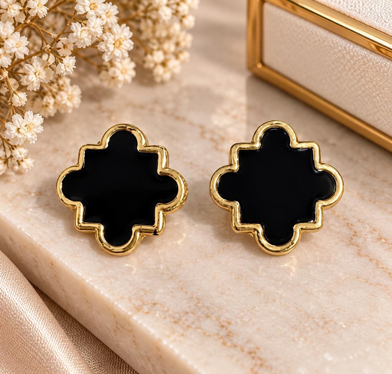Black Clover Stud Earrings, Gold Trim Earrings, Quatrefoil Earrings, Elegant Black Statement Earrings - Image 2
