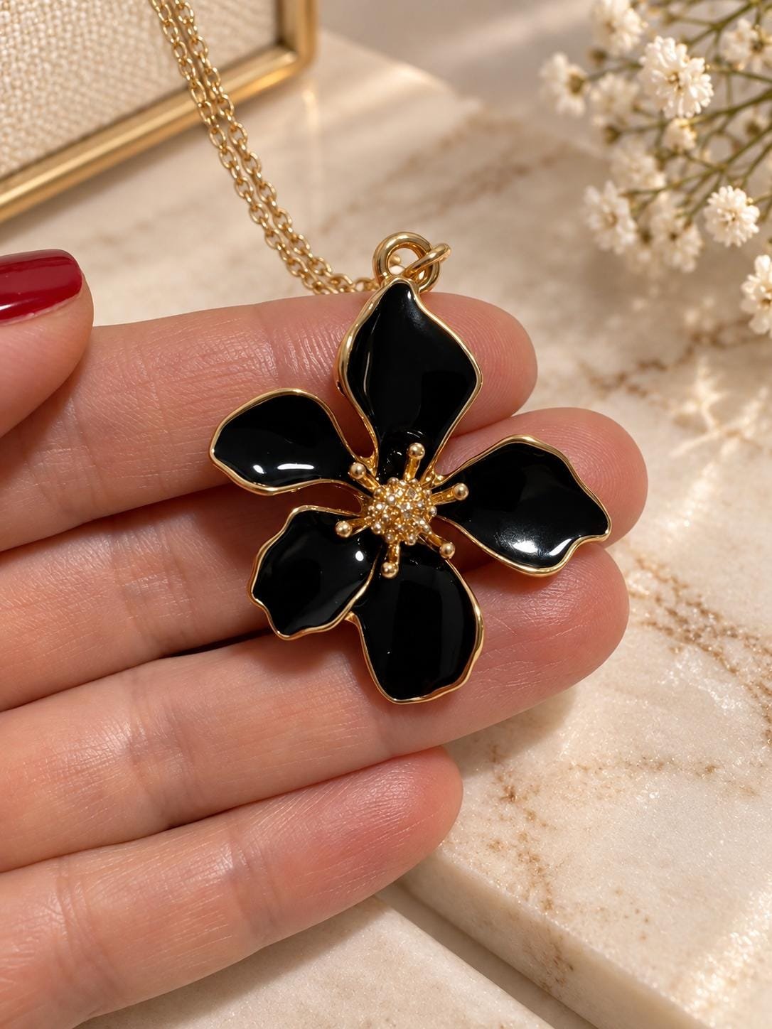Black Flower Necklace and Earrings Set, Gold Tone Floral Jewelry Set, Black Enamel Pendant Necklace, Statement Jewelry, Gift for Her - Image 3