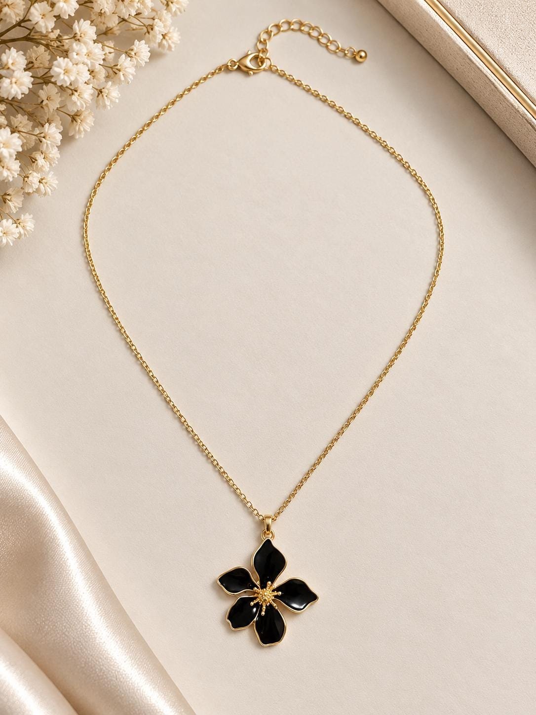 Black Flower Necklace and Earrings Set, Gold Tone Floral Jewelry Set, Black Enamel Pendant Necklace, Statement Jewelry, Gift for Her - Image 4