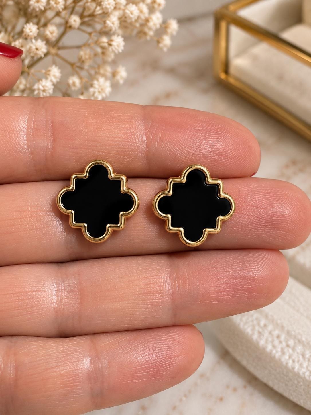 Black Flower Necklace and Earrings Set, Gold Tone Floral Jewelry Set, Black Enamel Pendant Necklace, Statement Jewelry, Gift for Her - Image 8