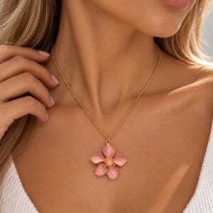 Pink Flower Necklace, Gold Tone Floral Pendant Necklace, Romantic Statement Jewelry, Enamel Flower Necklace, Feminine Gift for Her