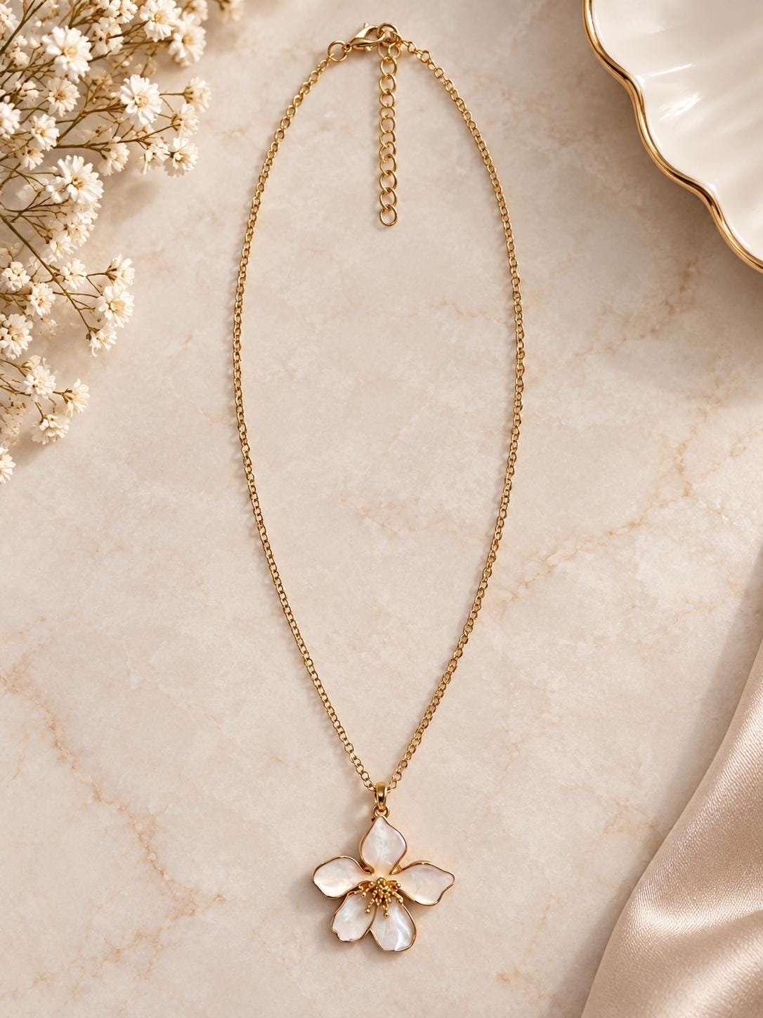 Flower Pendant Necklace, White Floral Necklace, Gold Tone Flower Jewelry, Mother of Pearl Style Pendant, Elegant Gift for Her - Image 2
