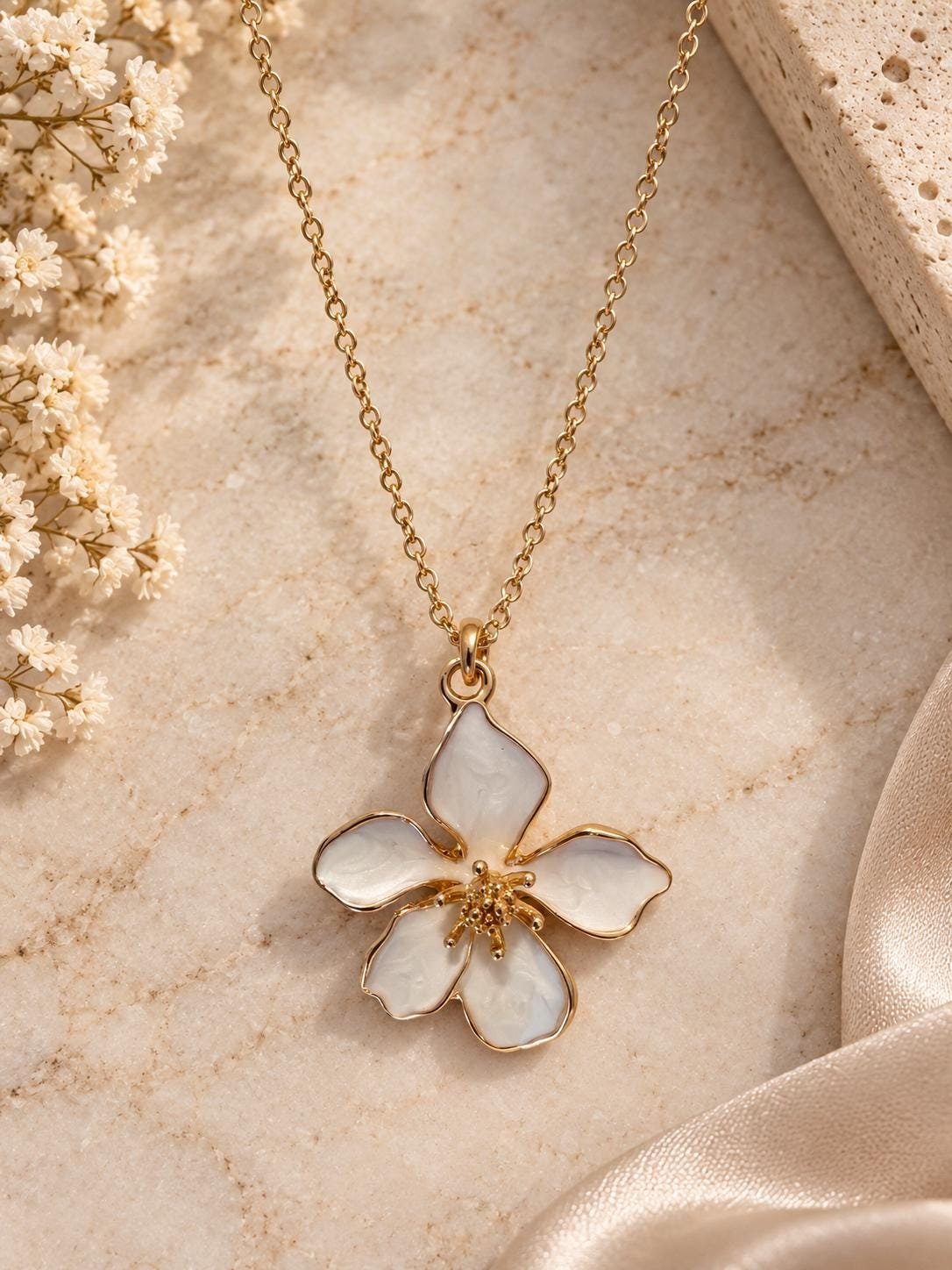 Flower Pendant Necklace, White Floral Necklace, Gold Tone Flower Jewelry, Mother of Pearl Style Pendant, Elegant Gift for Her - Image 3
