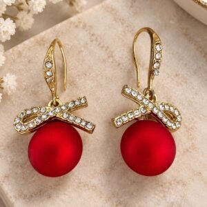 Red Crystal Bow Earrings, Gold Tone Drop Earrings, Statement Red Bead Earrings, Elegant Dangle Jewelry, Holiday Gift for Her