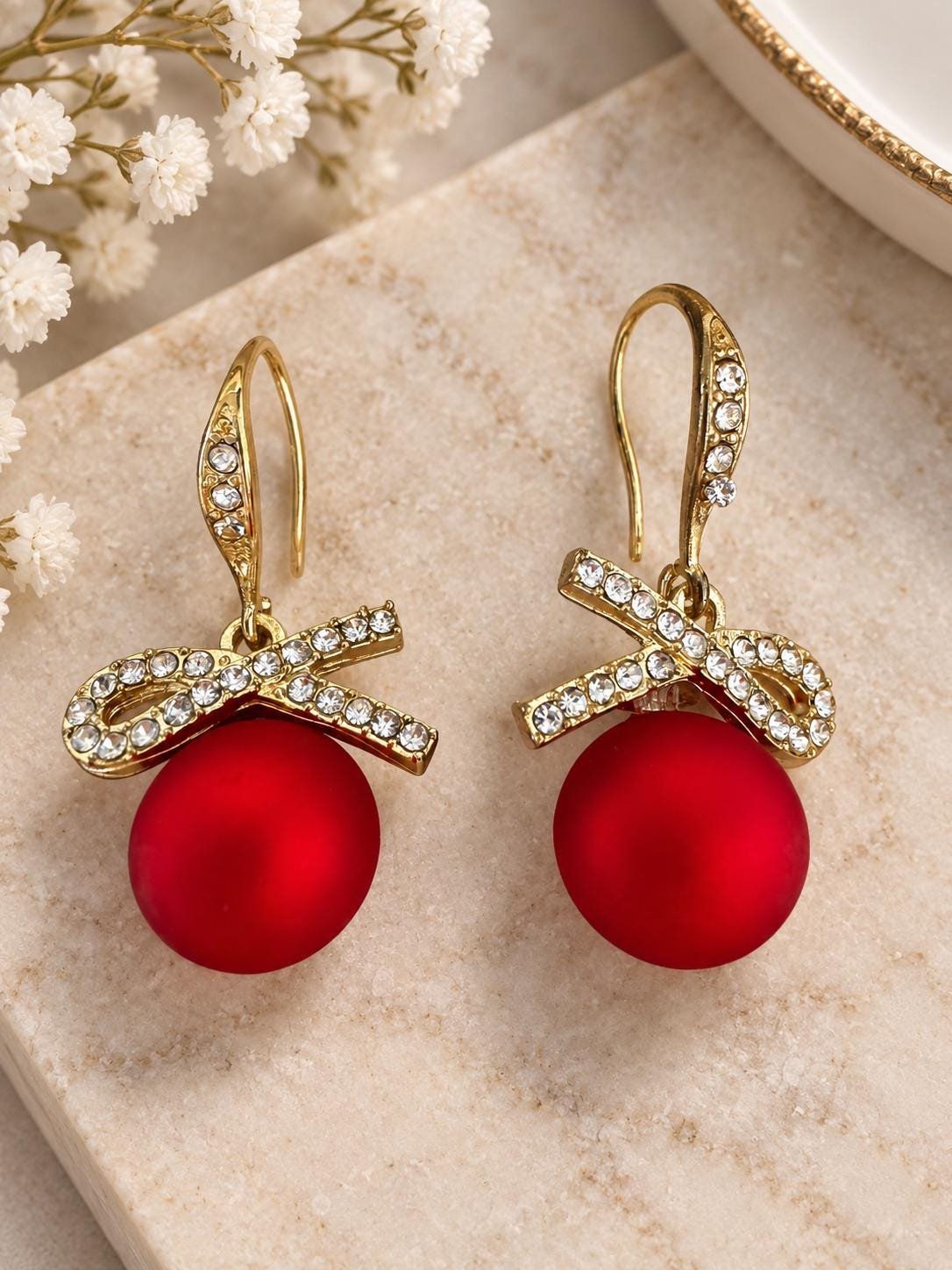 Red Crystal Bow Earrings, Gold Tone Drop Earrings, Statement Red Bead Earrings, Elegant Dangle Jewelry, Holiday Gift for Her