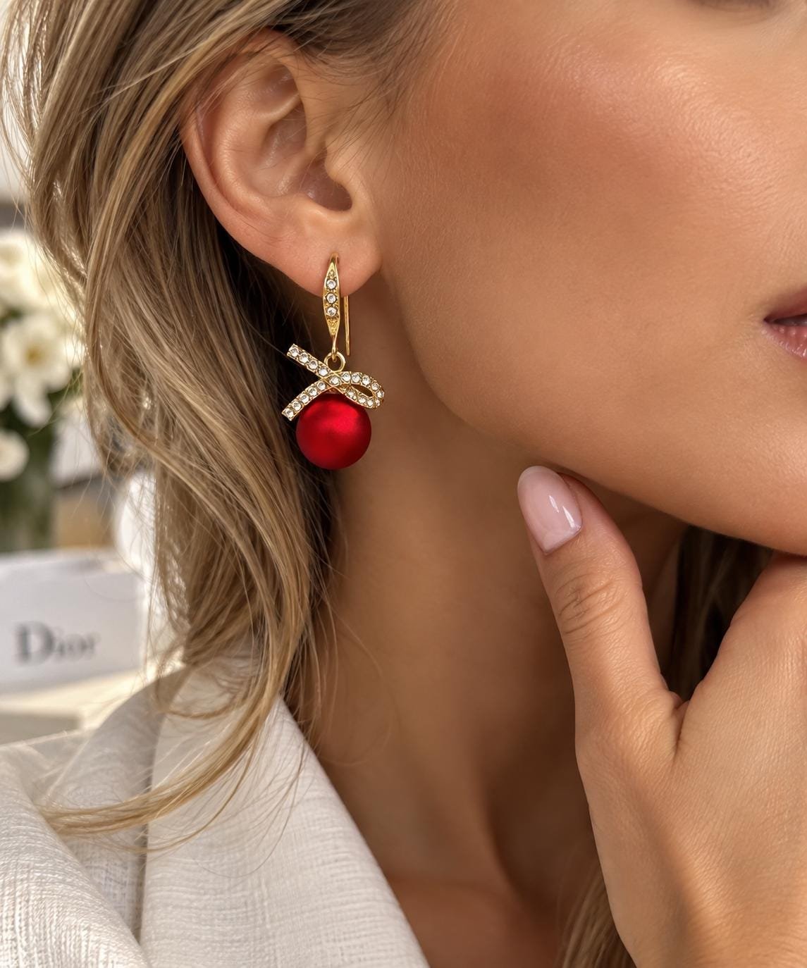 Red Crystal Bow Earrings, Gold Tone Drop Earrings, Statement Red Bead Earrings, Elegant Dangle Jewelry, Holiday Gift for Her - Image 2