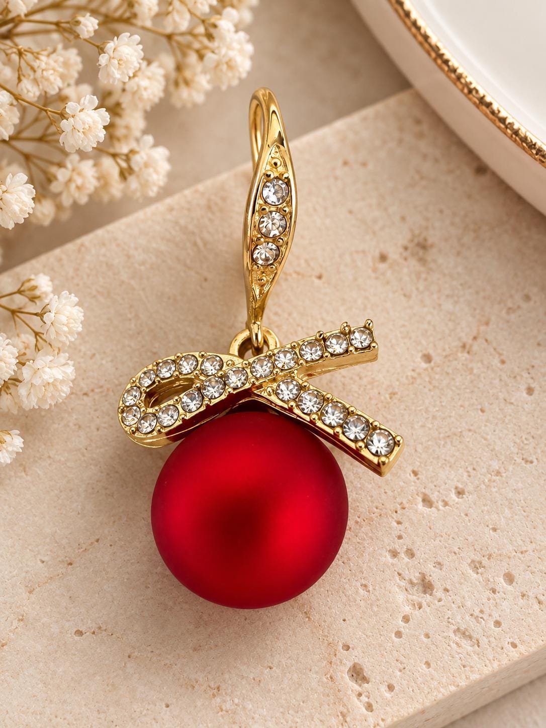 Red Crystal Bow Earrings, Gold Tone Drop Earrings, Statement Red Bead Earrings, Elegant Dangle Jewelry, Holiday Gift for Her - Image 3